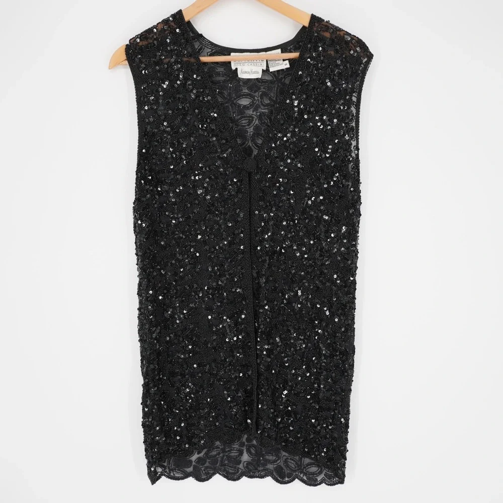 Vintage Oleg Cassini Beaded Sequined Silk Open Front Vest S Black NYE Event 90s